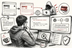 Hand-drawn illustration showing a credit card skimmer attack: checkout form being replaced, attacker receiving WebSocket payload, and the investigator analyzing _wfacp_global_settings