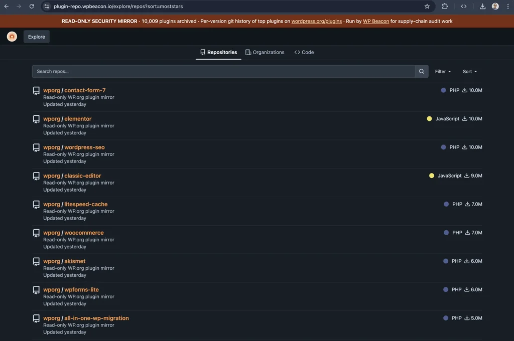 Read-only security mirror at plugin-repo.wpbeacon.io showing the top wp.org plugins archived as per-version git repos.