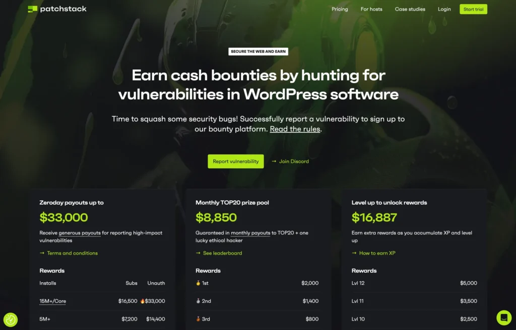 Patchstack homepage advertising cash bounties for hunting WordPress vulnerabilities