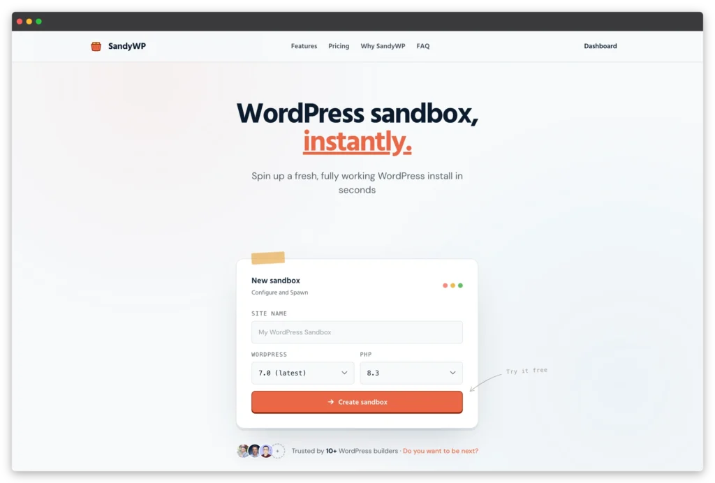SandyWP homepage shown in a browser window: WordPress sandbox, instantly.