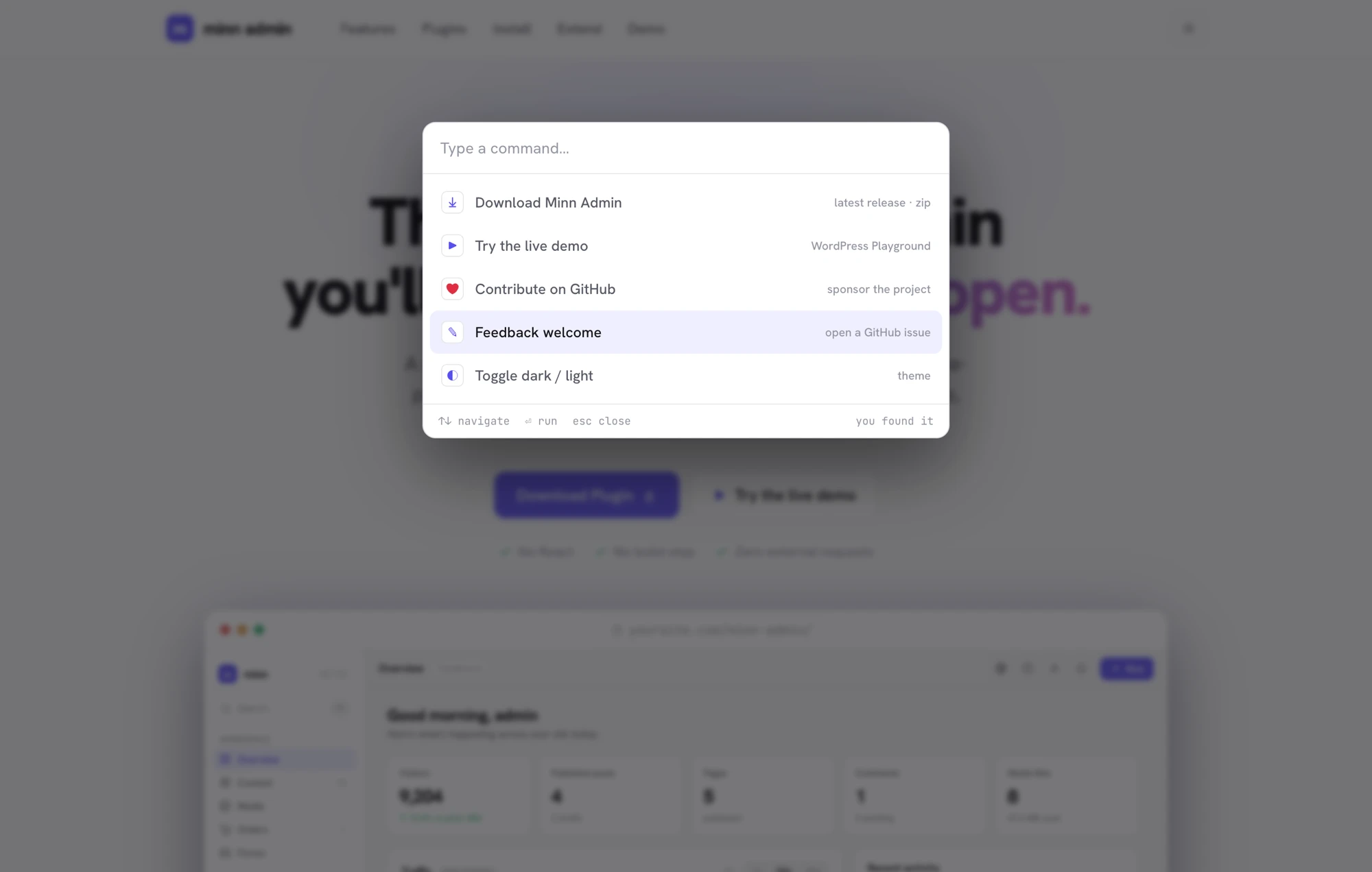 Command palette open on the Minn Admin site with Download, live demo, GitHub, and theme toggle commands