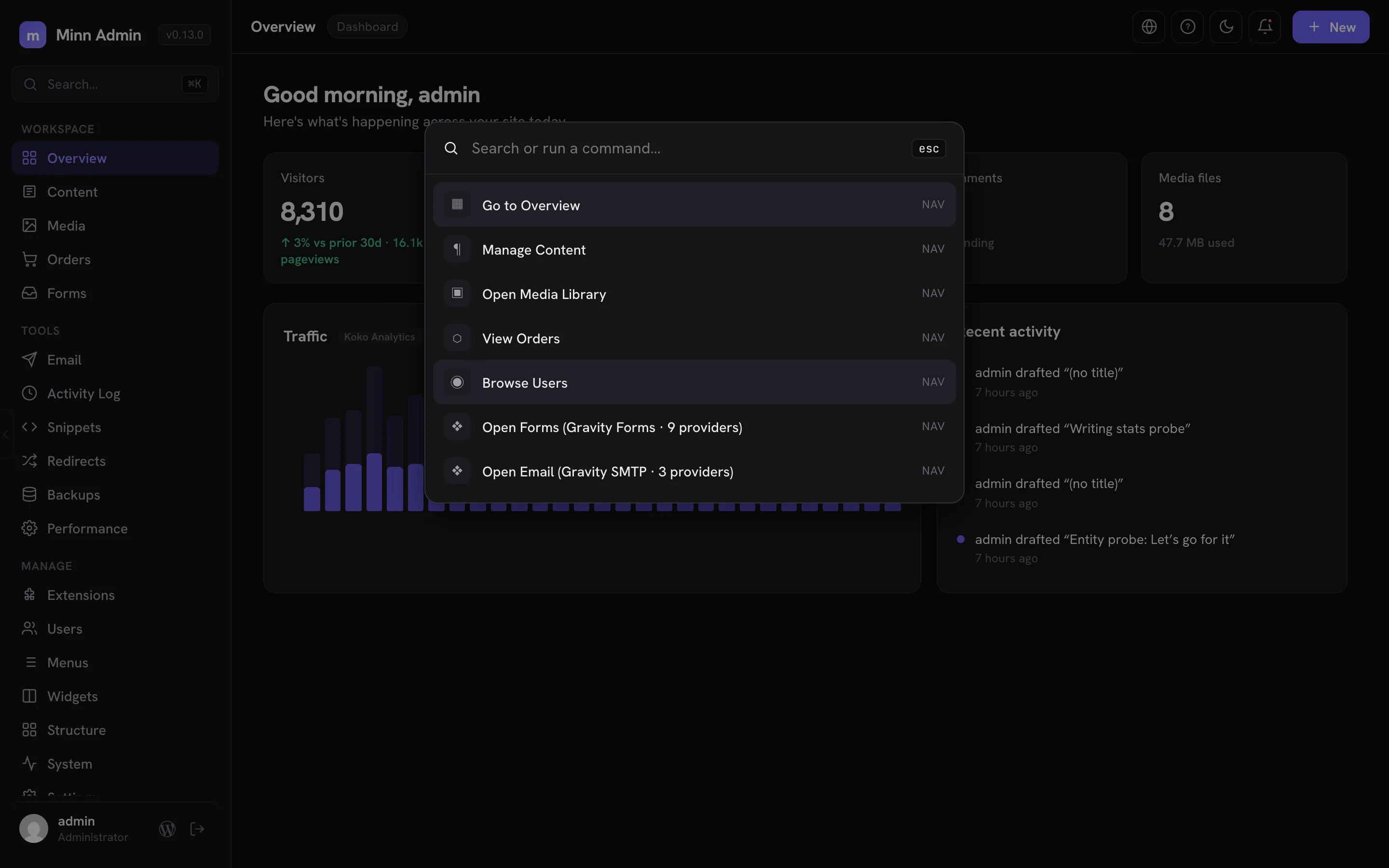 Minn Admin dashboard showing site stats and recent activity with the command K palette open over it