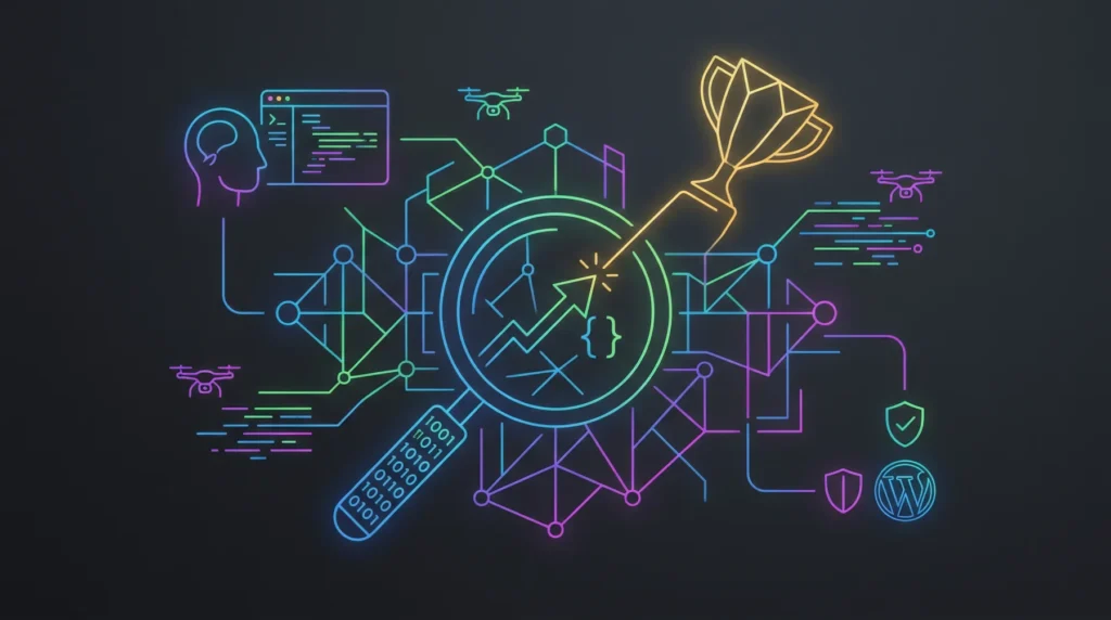 Neon illustration of WordPress security research: a magnifying glass over code and a network graph, a trophy, and the WordPress logo
