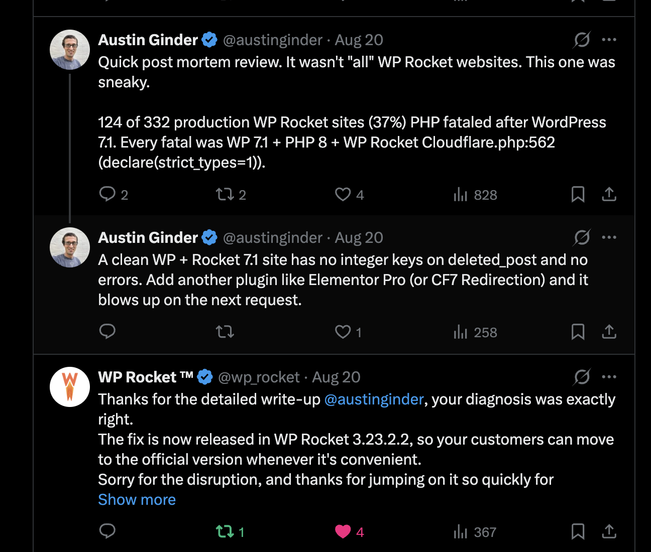 Tweets with the 37 percent fatal rate and WP Rocket confirming the 3.23.2.2 fix