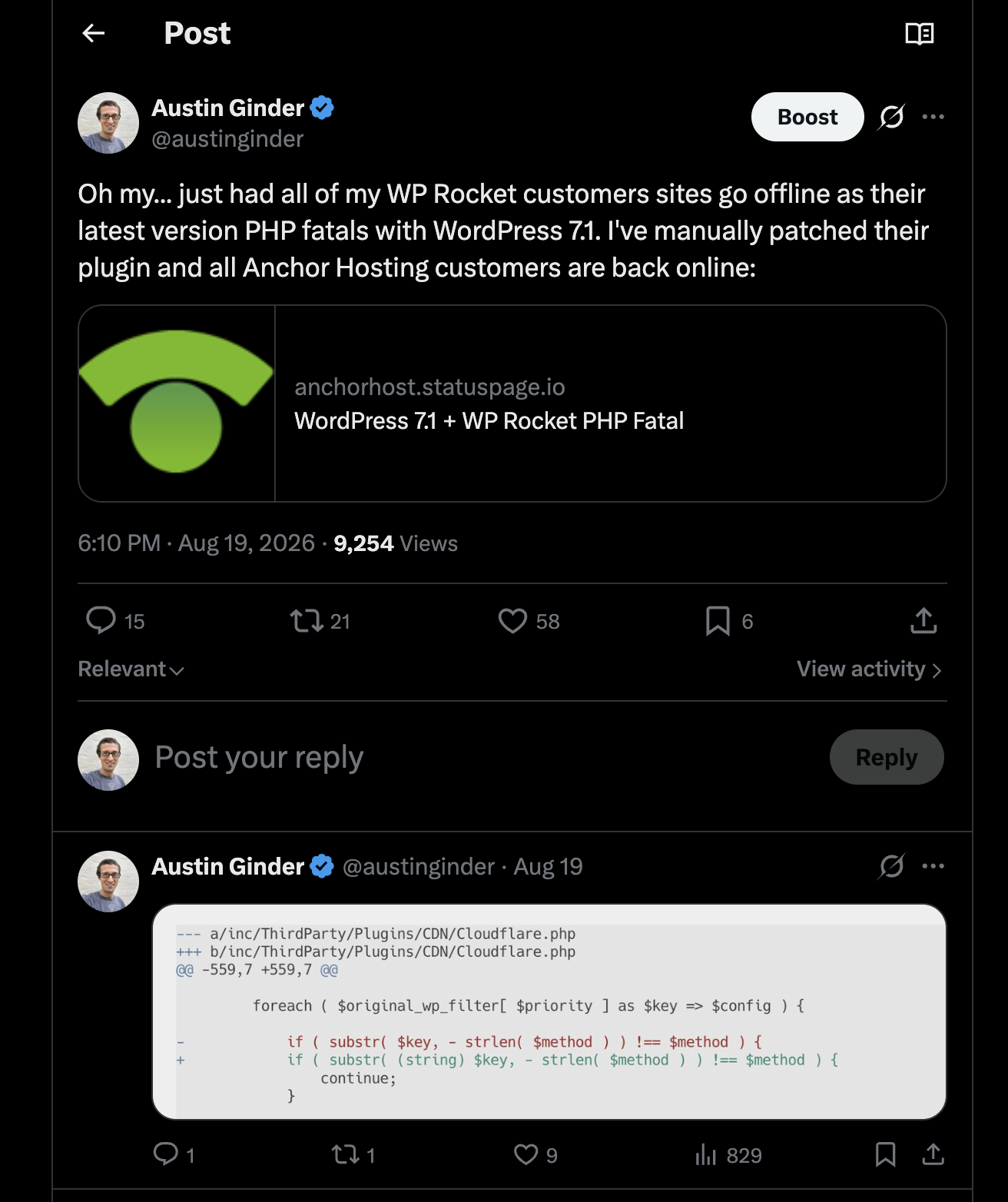 Tweet showing the Anchor Hosting status page for WordPress 7.1 + WP Rocket PHP Fatal and a one-line patch in Cloudflare.php