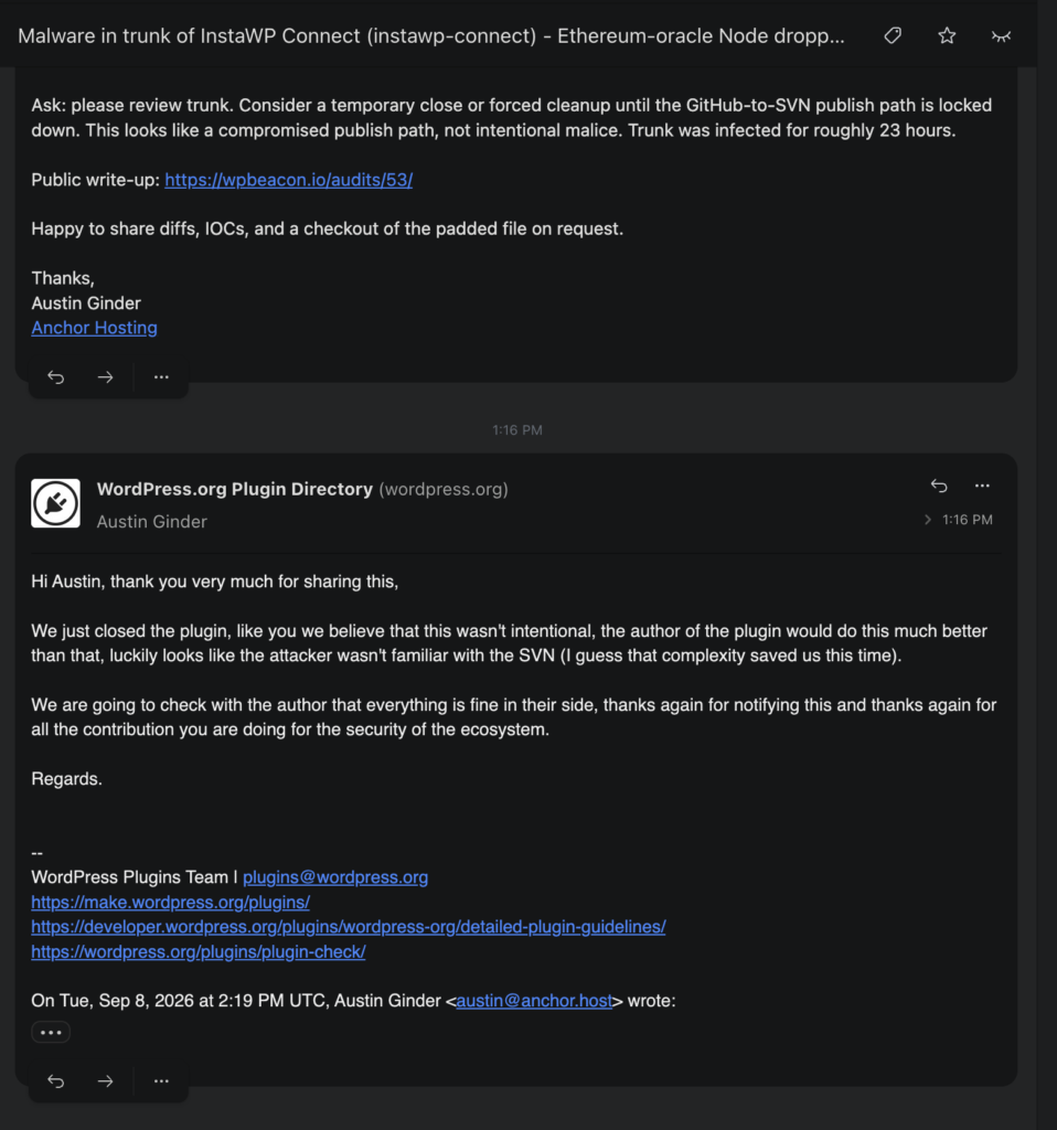 WordPress.org plugins team reply confirming they closed instawp-connect
