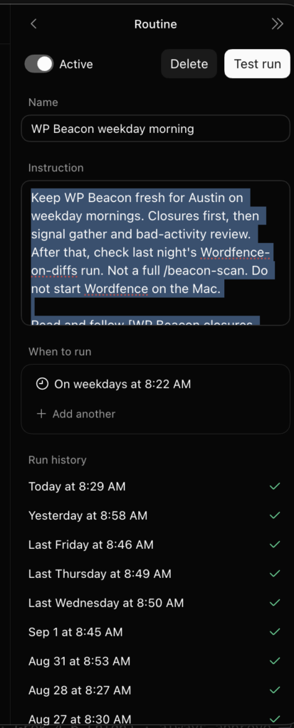 Grok Bot weekday morning routine for WP Beacon