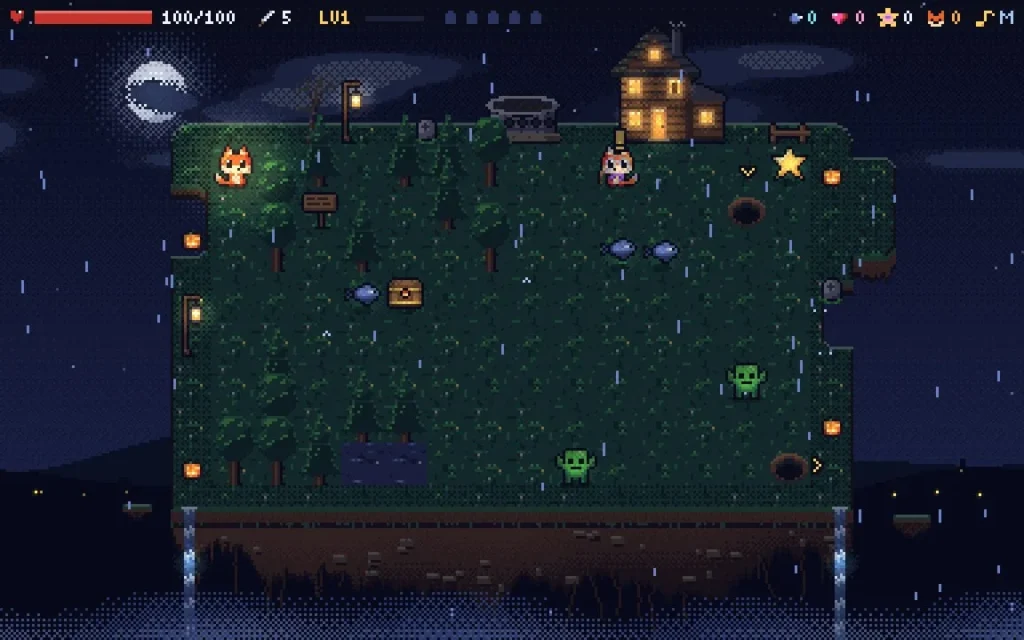 Pixel art of Fang the fox on a floating island at night, with a lit cabin, rain and green goblins