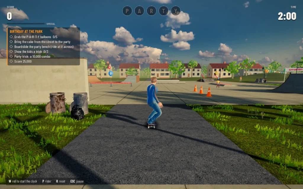A skater in a blue long-sleeve shirt and jeans rolling toward a community skate park with ramps, traffic cones and P-A-R-T-Y balloons to collect