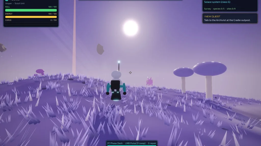 A small robot explorer walking across a purple alien planet covered in crystal grass and giant mushrooms